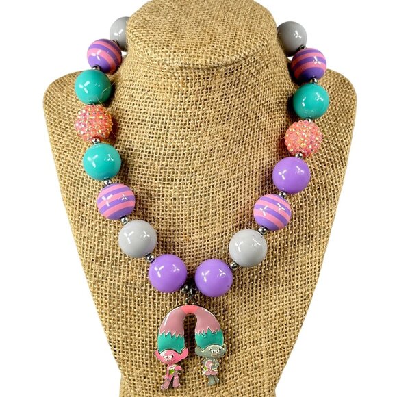 Trolls Pendant Chunky Beaded Necklace Multicolor Pastels Adjustable Women Girls - Picture 1 of 16